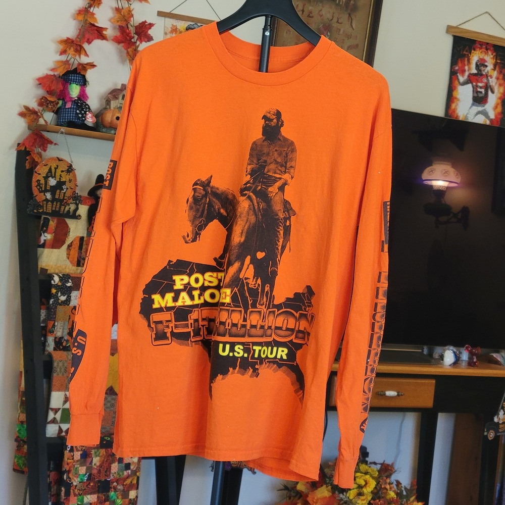 Post Malone F-1 Trillion U.S. Tour 2024 Long Sleeve Graphic Shirt Orange Large